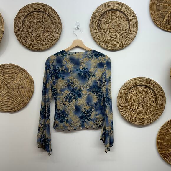 Vintage Y2K 2000s Fashion Bug Blue Tan Tie Neck Floral Flare Top Boho Fairy - Picture 3 of 8